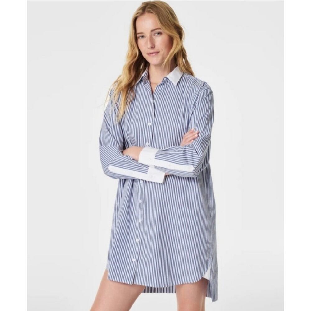SPANX Best Poplin Striped Shirt Dress Cotton Tunic Preppy Relaxed Fit - Plus 1X